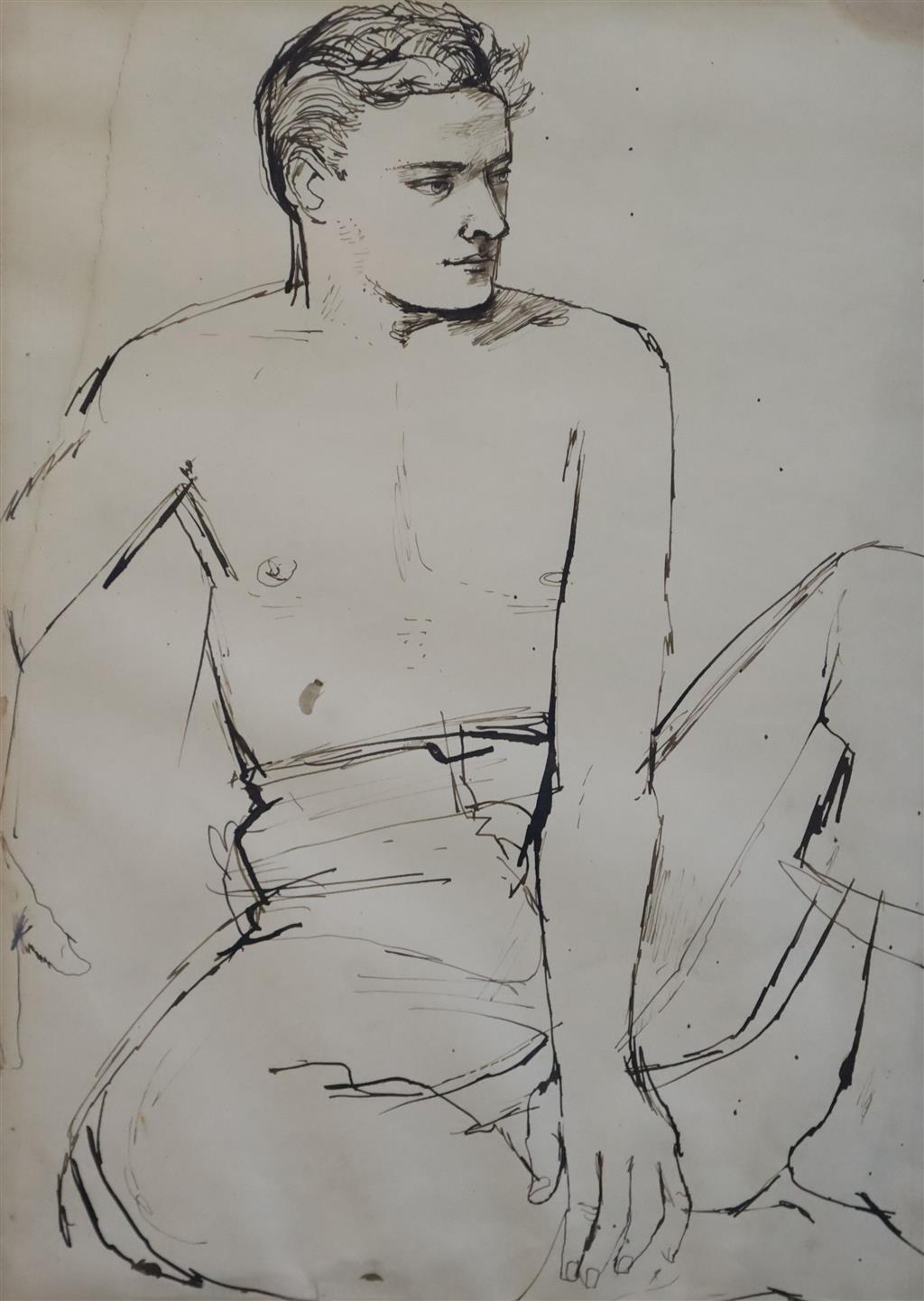 § John Minton (1917-1957) Two studies of a young man seated shirtless and with one arm folded 15 x 10.75in. and 14.75 x 10.25in.